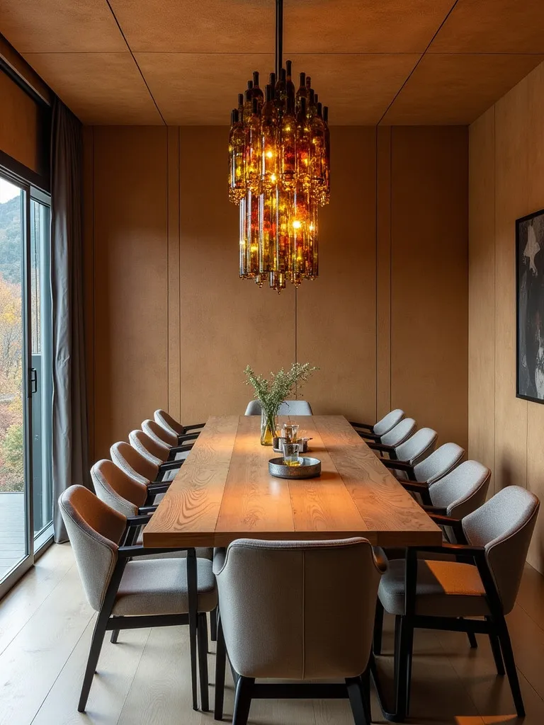 Elegant dining room with cork walls, teak table, and wine bottle chandelier