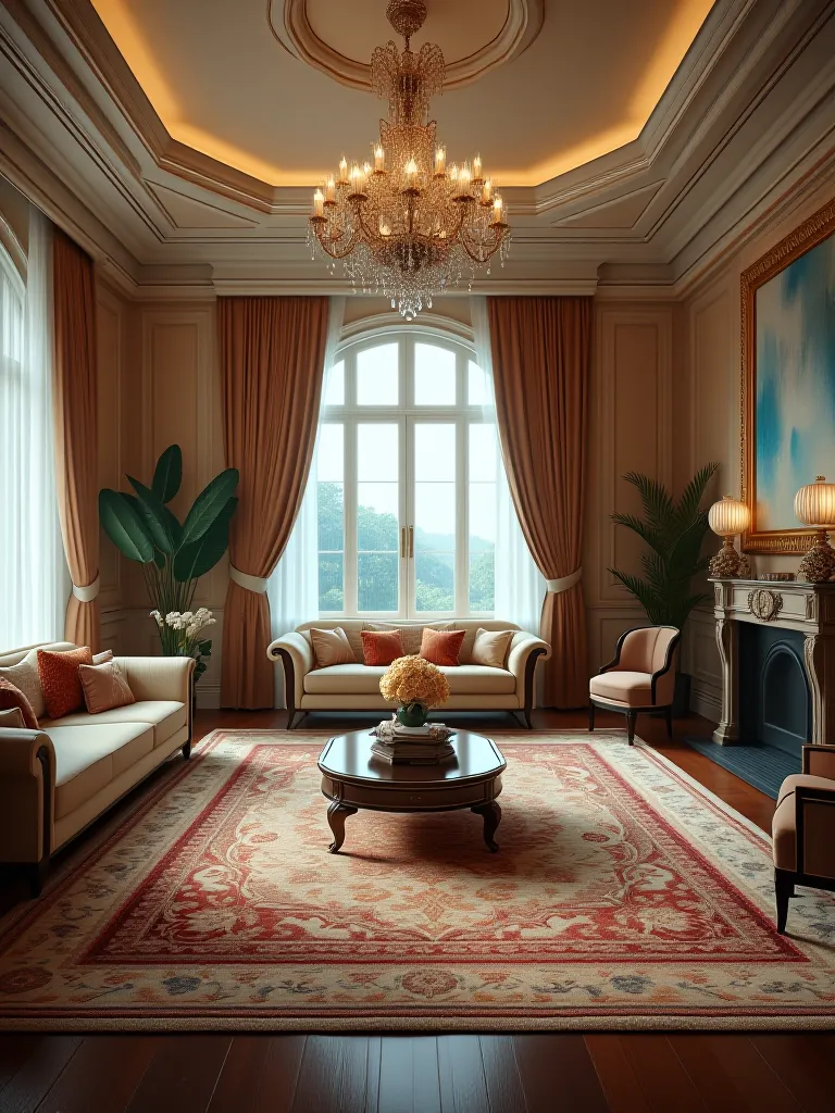 Elegant living room featuring a large, intricate Persian rug