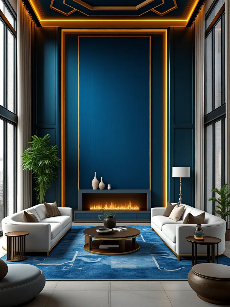 Elegant living room featuring blue walls with gold accents