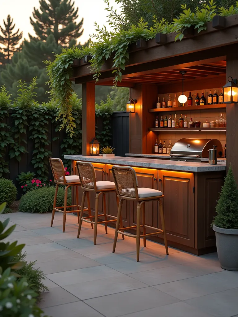 Elegant patio bar with rattan stools, outdoor cabinet, and built in grill at sunset