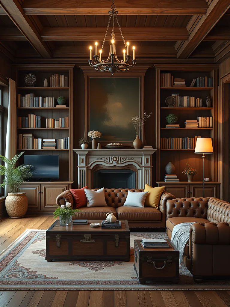 Elegant rustic living room with bookshelf wall and vintage trunks