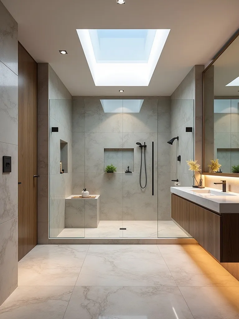 Elegant walk in shower with glass walls and natural stone tiles