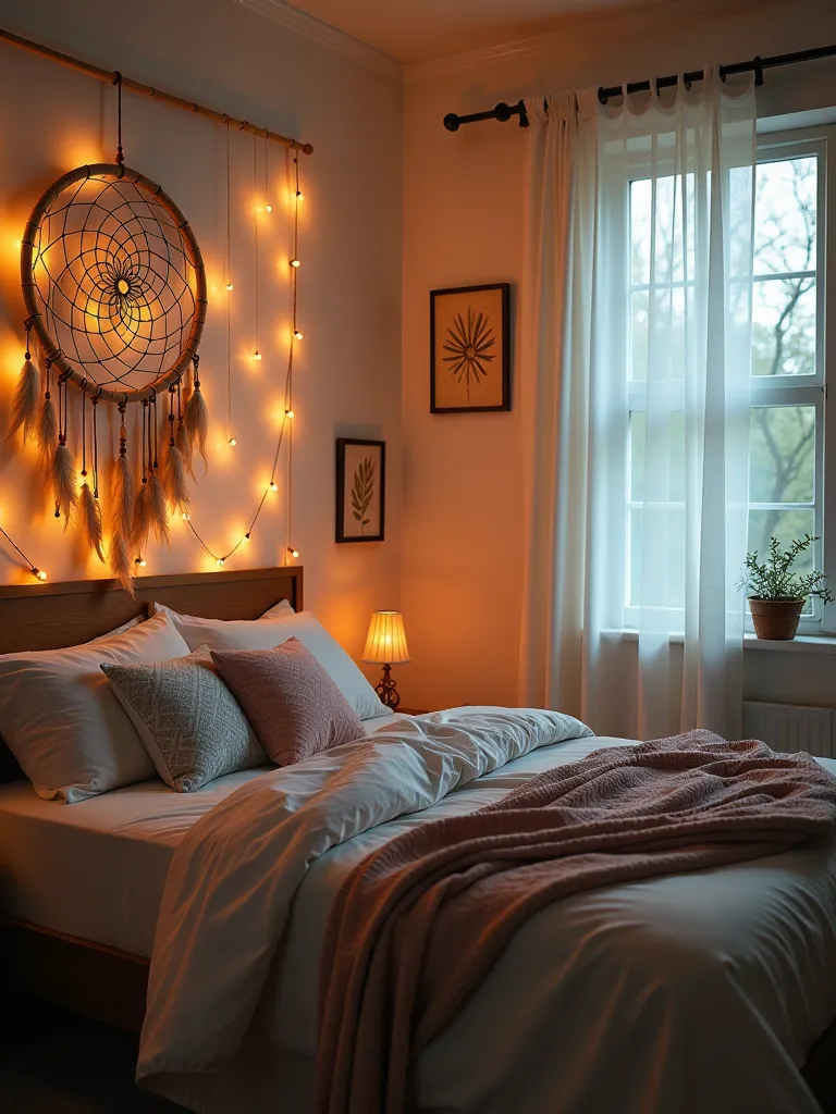 Ethereal boho bedroom featuring LED lit dream catcher as central light source