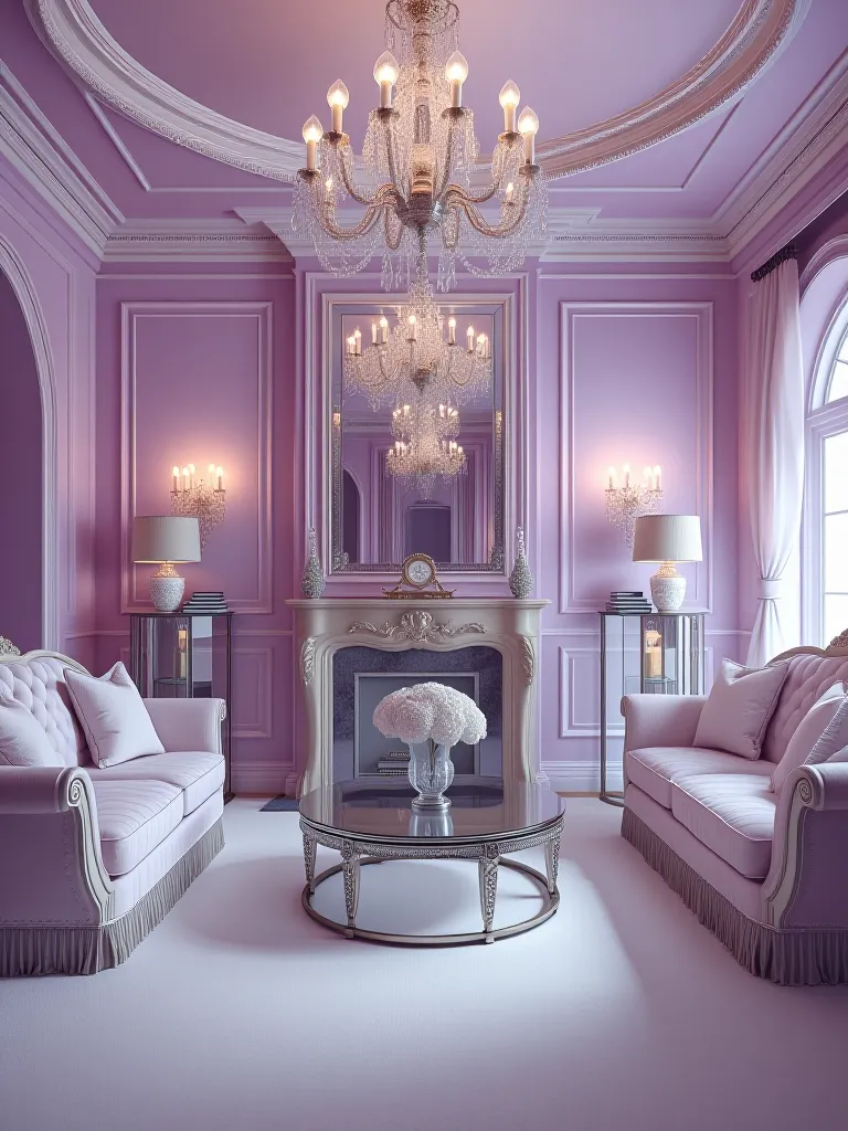 Ethereal living room featuring lavender walls, mirrors, and crystal chandeliers