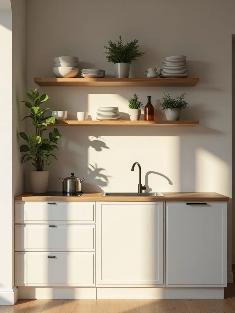 Evening lit Scandinavian kitchen with open shelving and closed cabinets