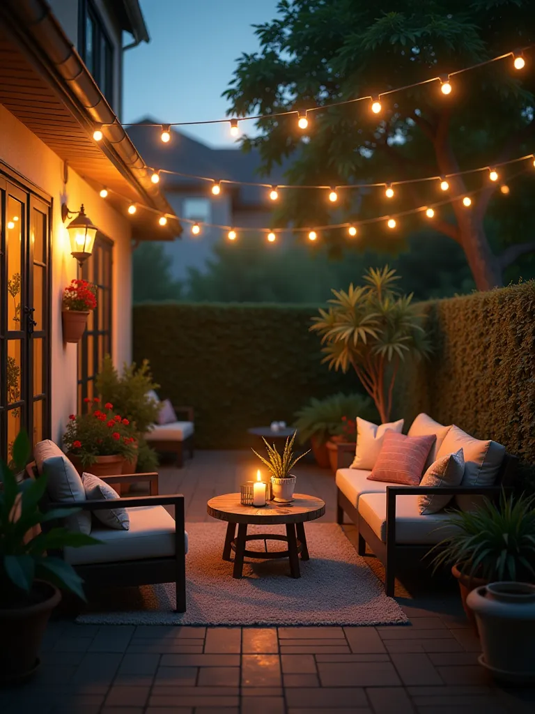 Evening patio scene with glowing string lights and comfortable furniture