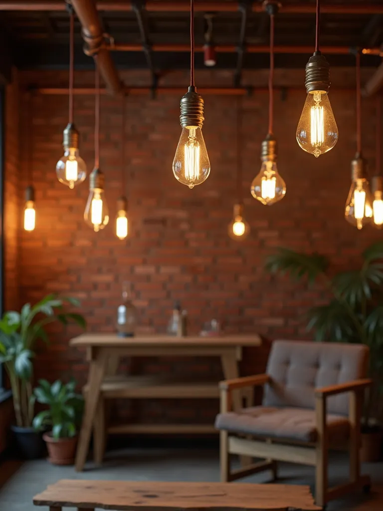 Exposed brick living room featuring recycled glass bulbs and reclaimed wood