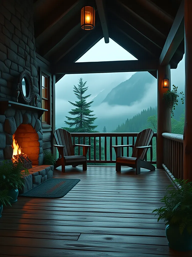 Forest green porch with Adirondack chairs and misty mountain view