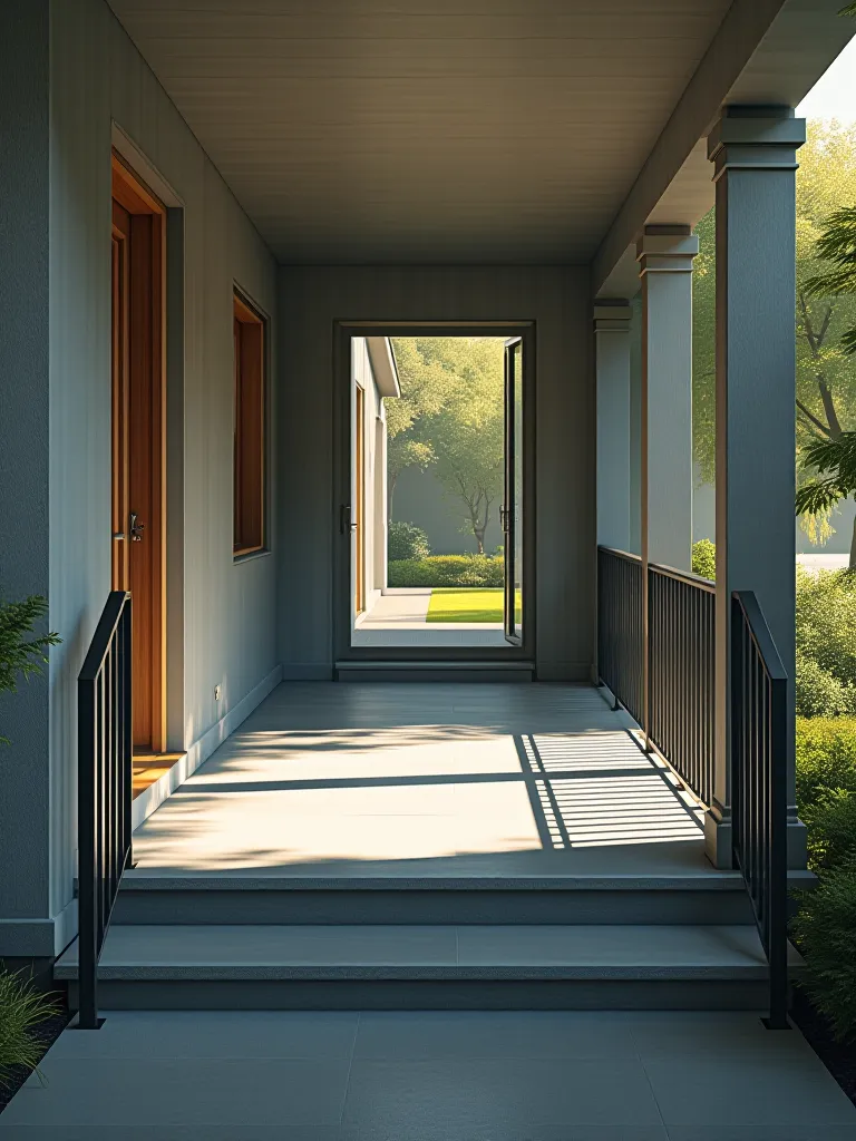 Freshly painted farmhouse porch with white railings and blue floor at sunset