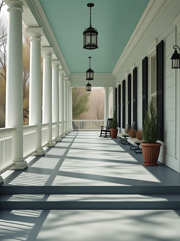 Freshly painted screened porch with soft green floor and white trim, lush garden beyond