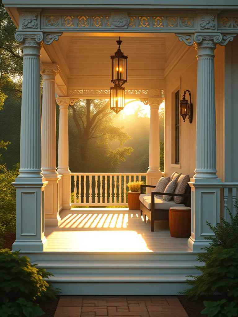 Freshly painted white porch with intricate railings at golden hour