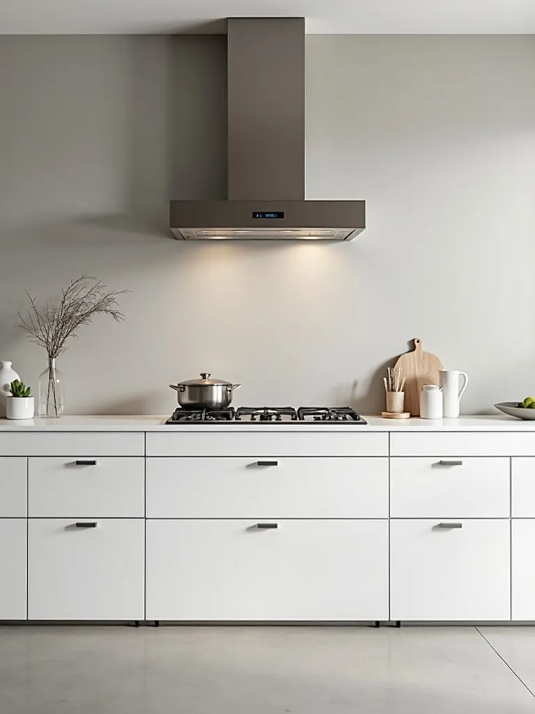 Front view of minimalist kitchen with handleless cabinets and statement extractor hood