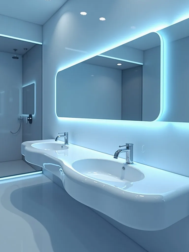 Futuristic bathroom with curved white vanity and blue ambient lighting
