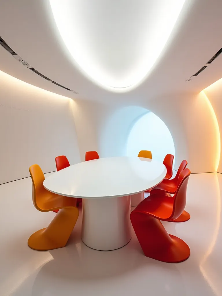 Futuristic dining space with curved white table and colorful molded chairs