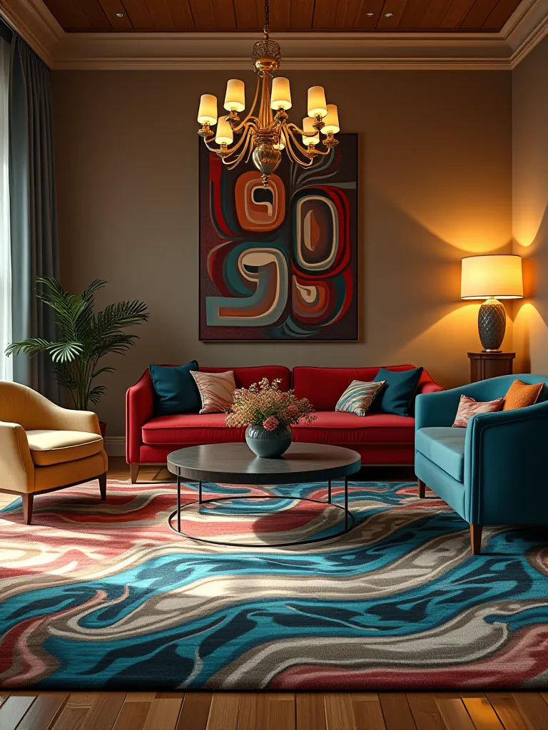 Glamorous living room featuring abstract silk rug and metallic accents