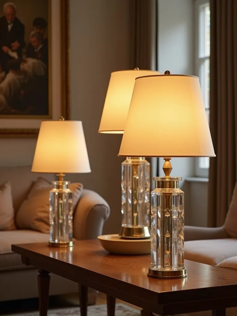 Glamorous living room featuring art deco table lamps with light play