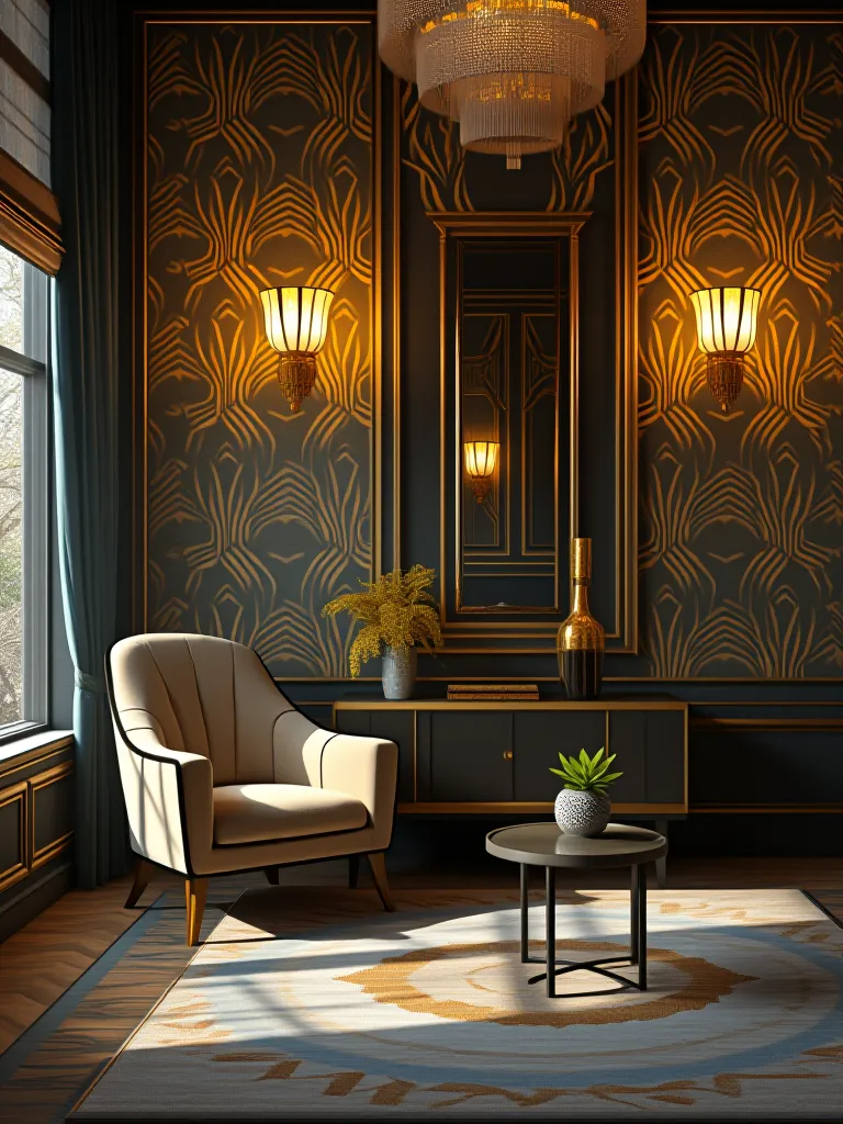 Glamorous living room with budget friendly Art Deco inspired decor