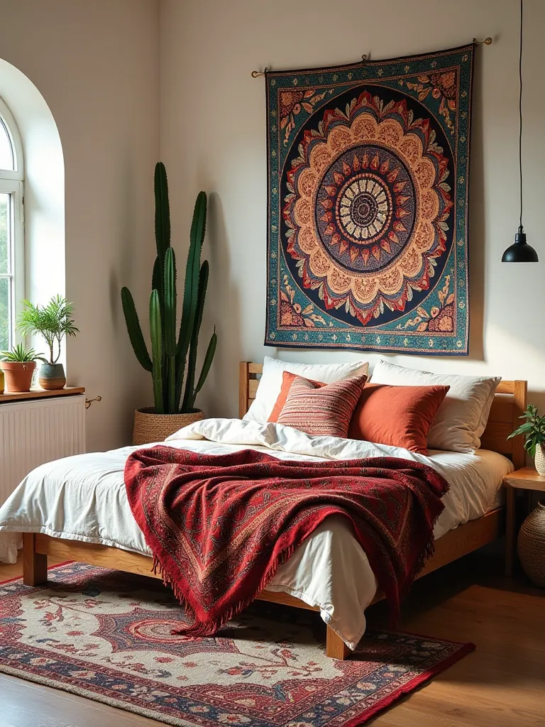 Global inspired boho bedroom with low bed and diverse textures