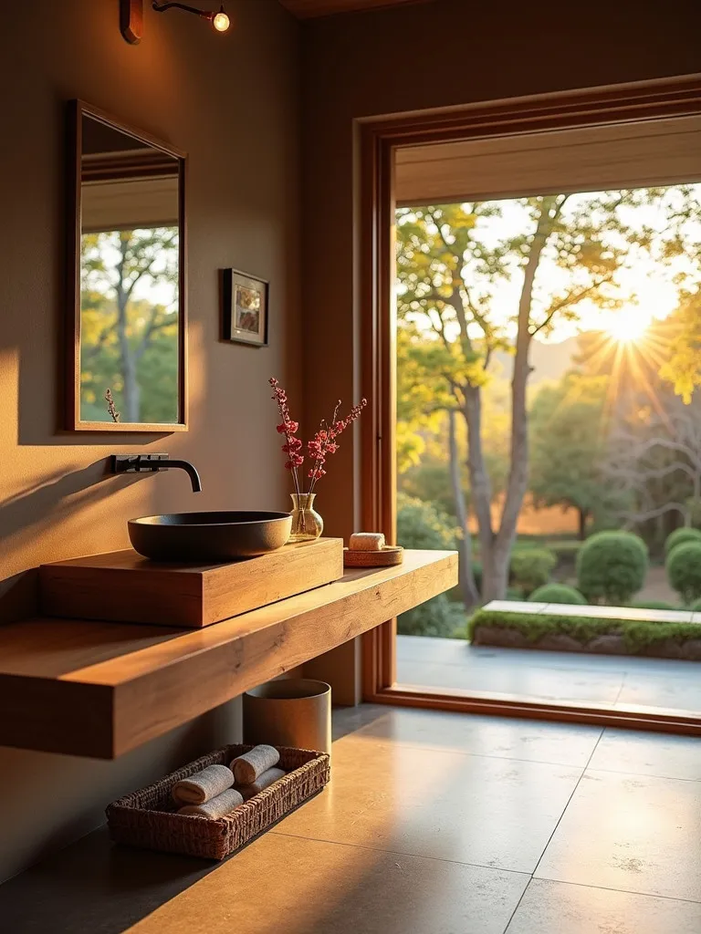 Golden hour lit zen bathroom featuring floating teak vanity and vessel sink