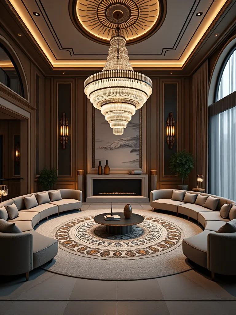 Grand living room with circular mandala rug and curved furniture
