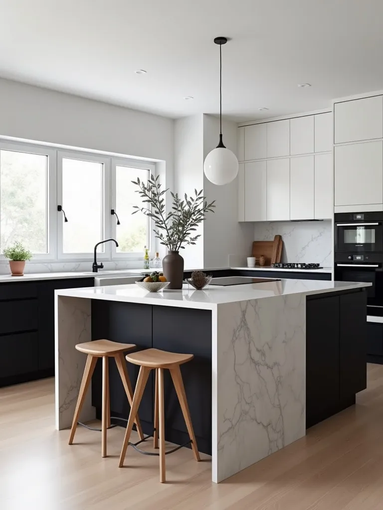 High contrast Scandinavian kitchen with black and white cabinets and marble island