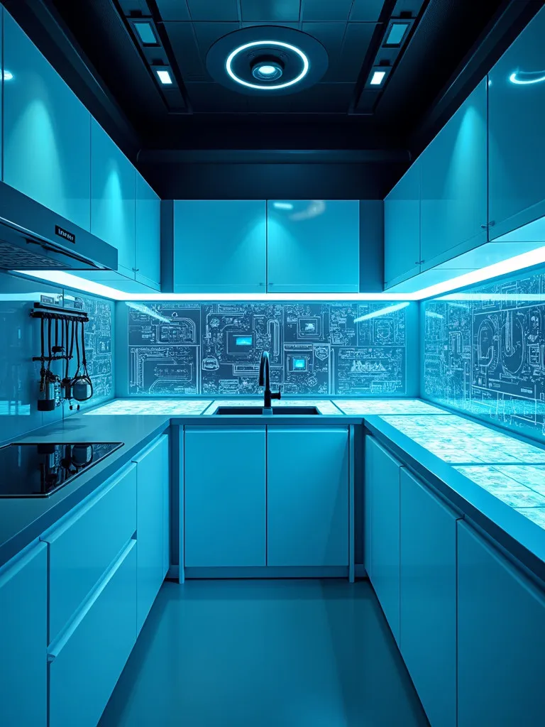 High tech kitchen with cool blue lighting and advanced features