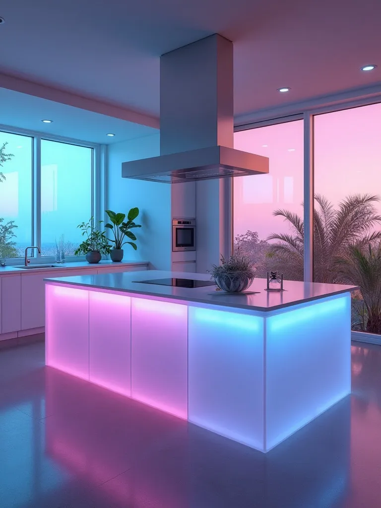 High tech kitchen with smart windows, touchless features, and recycled plastic island