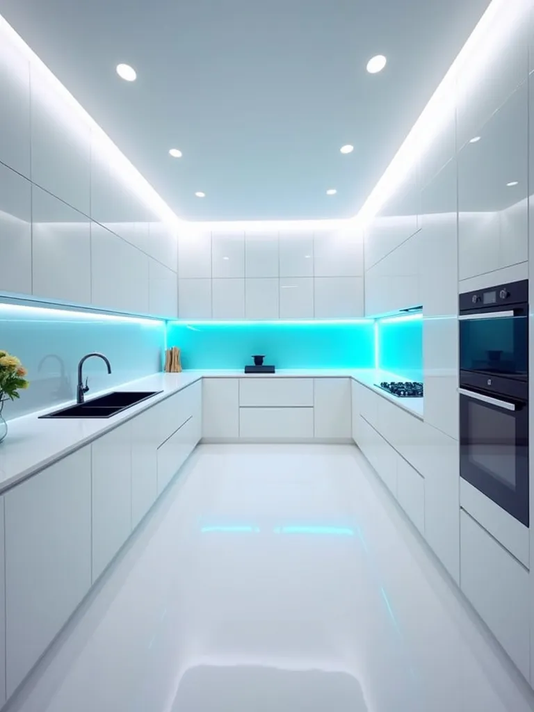 High tech minimalist kitchen with touch activated appliances and ambient lighting