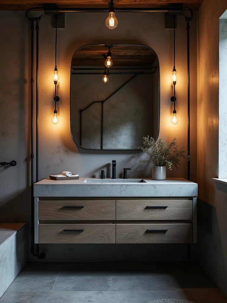 Industrial bathroom with concrete vanity, black fixtures, and Edison bulbs