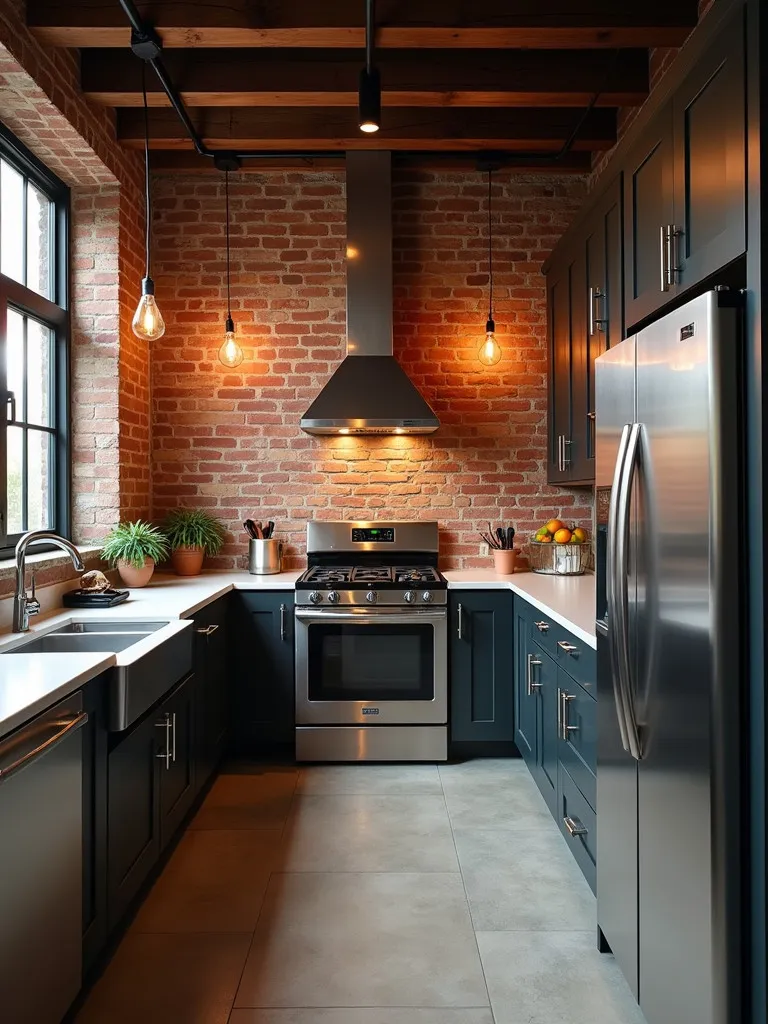 Industrial kitchen with brick walls, concrete floors, and stainless steel appliances