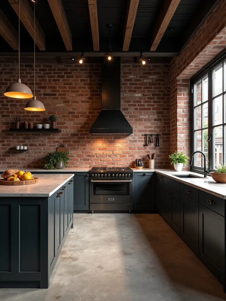 Industrial kitchen with exposed brick and concrete countertops, dramatic lighting