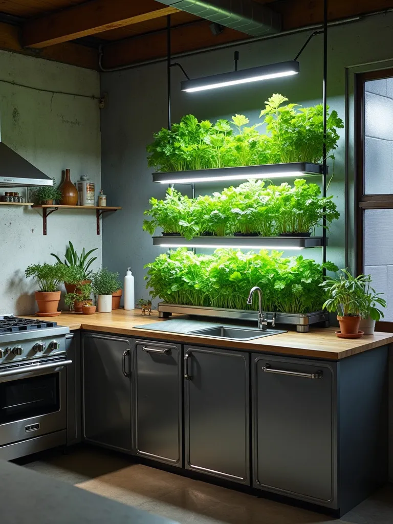 Industrial kitchen with hydroponic system and upcycled metal cabinets