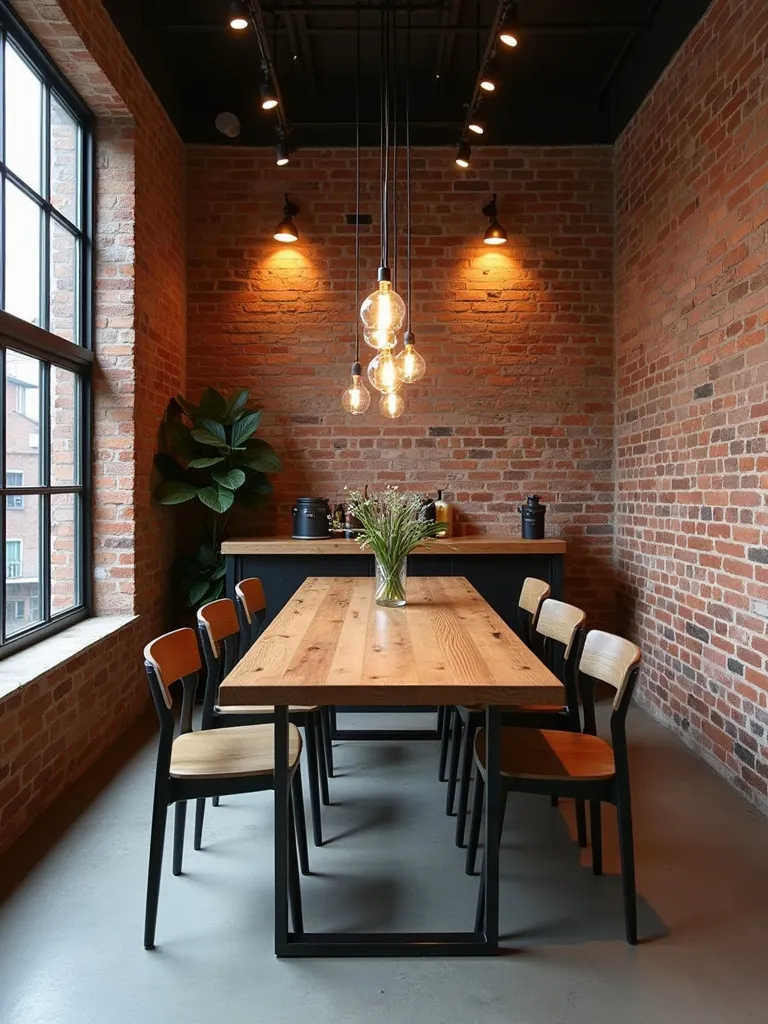 Industrial style contemporary dining room with brick walls and metal accents