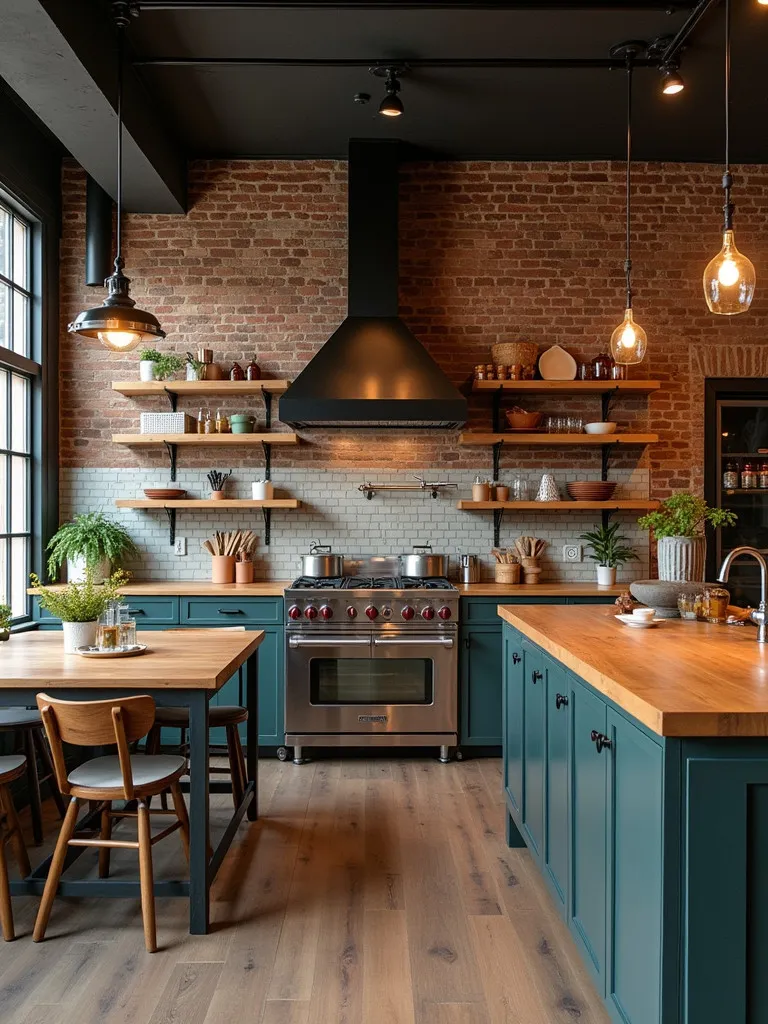 Industrial style kitchen featuring exposed brick and large butcher block island
