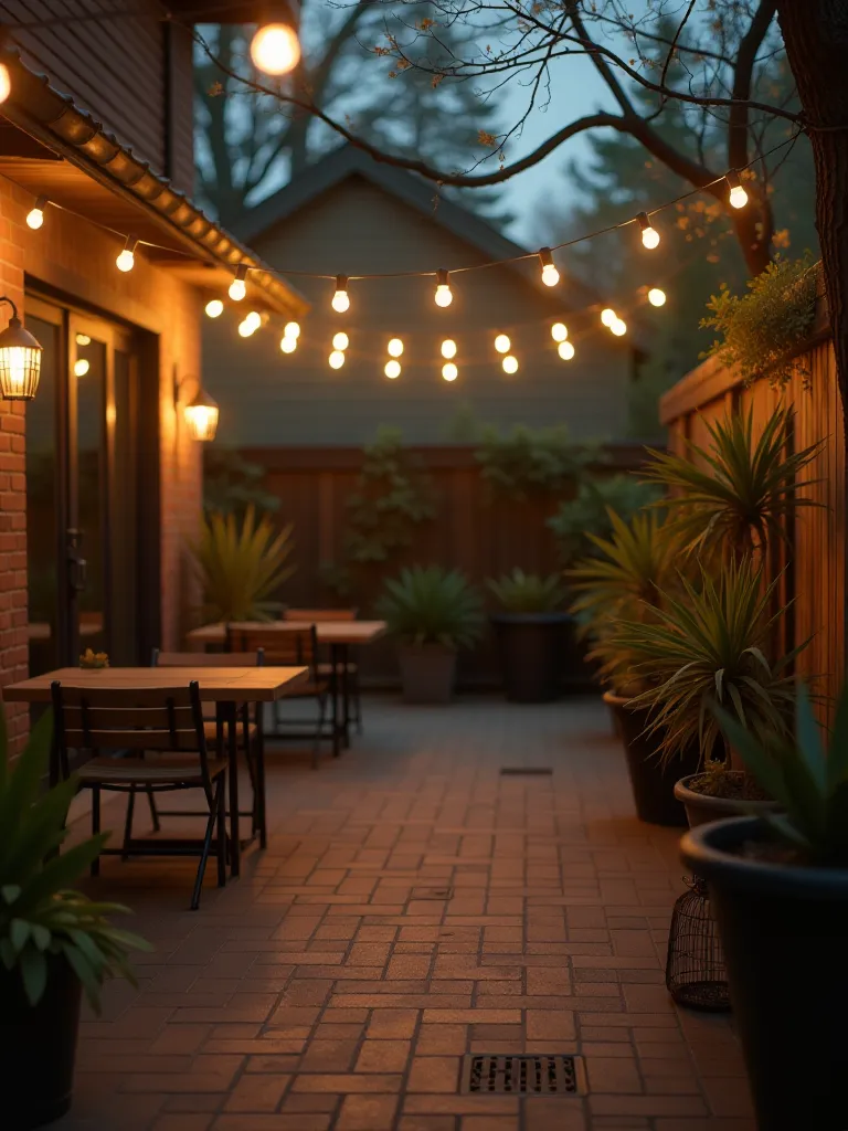 Industrial style patio with overhead string lights and metal floor lamps