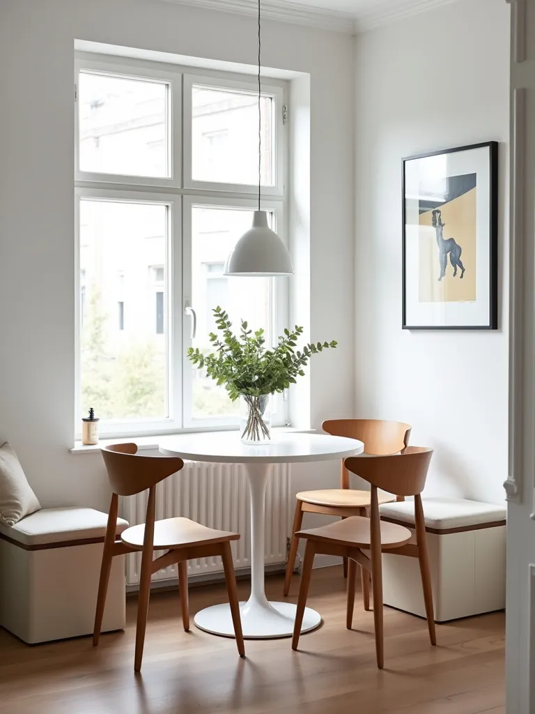Intimate Scandinavian kitchen corner with round table and large window