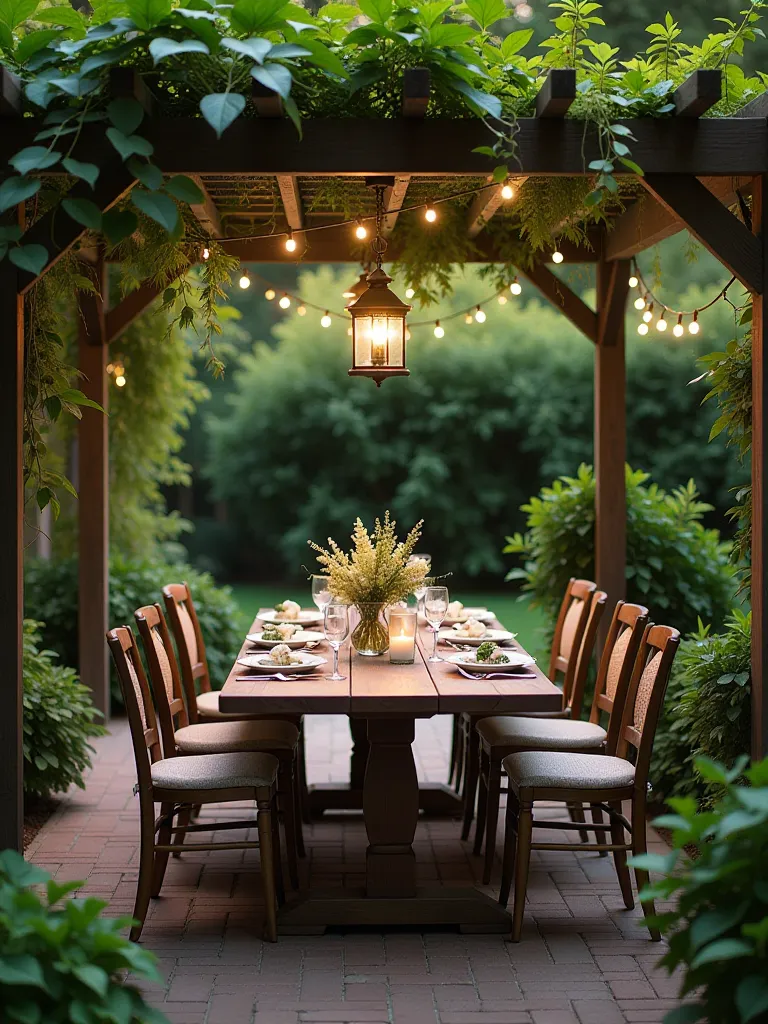 Intimate patio dining setup with wooden furniture and lush surroundings