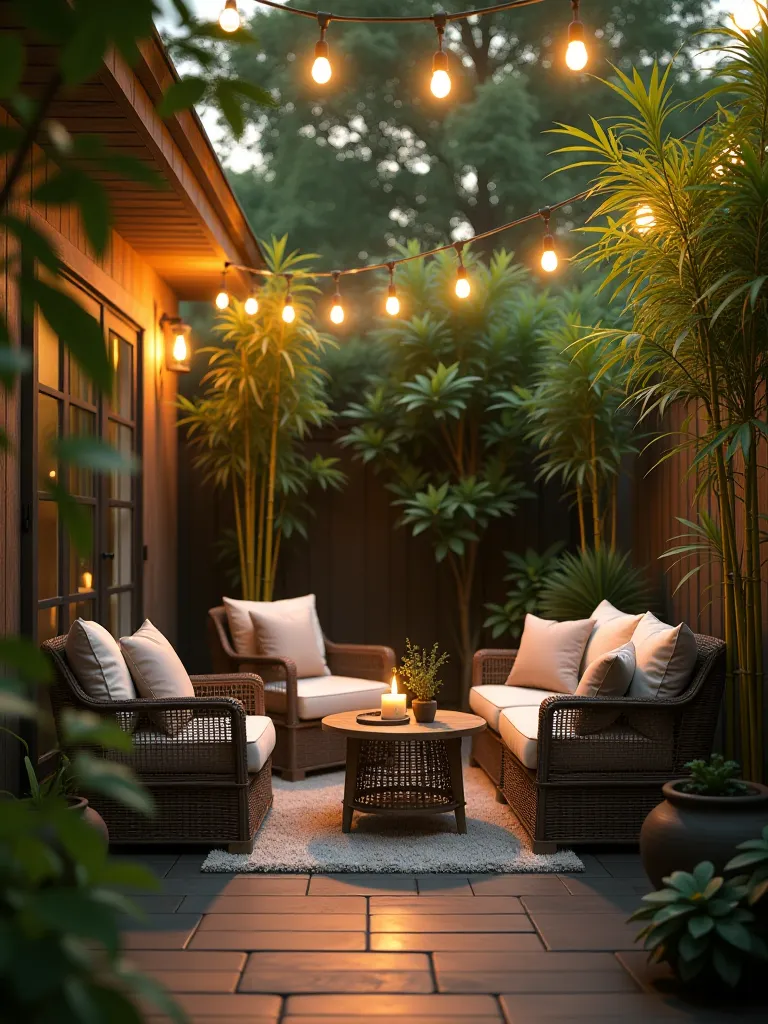 Intimate patio encircled by tall bamboo and illuminated by string lights
