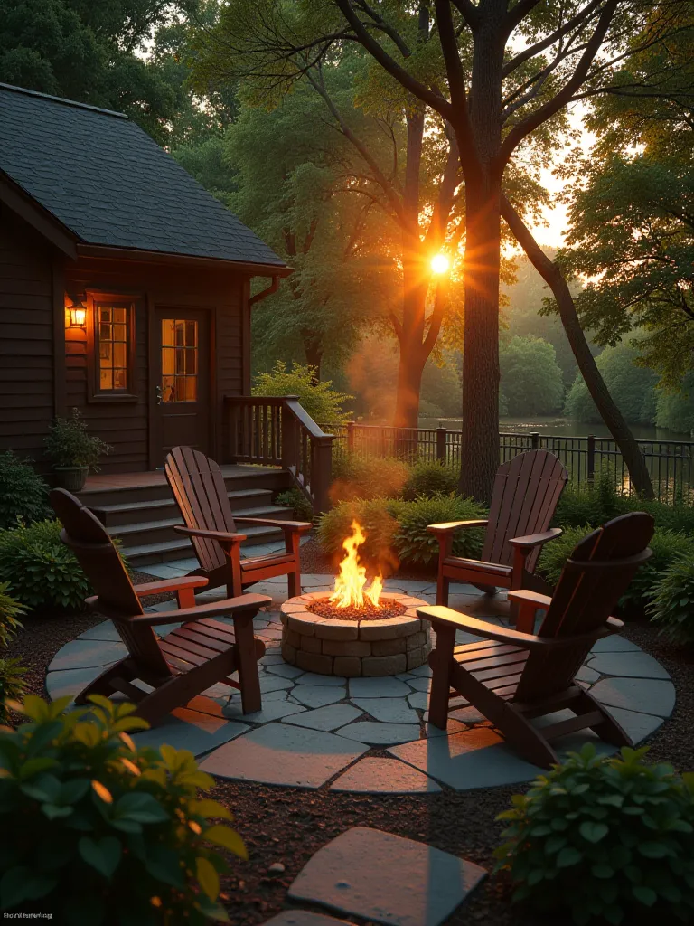 Intimate patio encircled by trees featuring circular fire pit at sunset