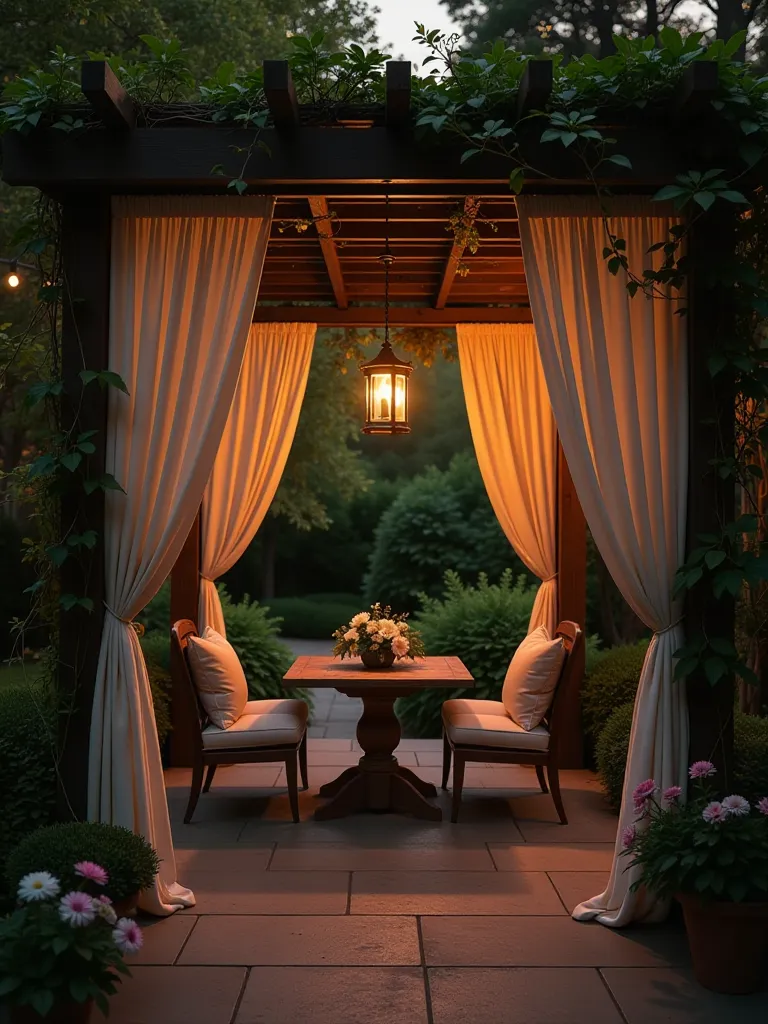 Intimate patio with wooden pergola, curtains, and climbing vines at dusk