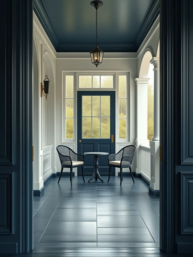 Intimate porch featuring navy blue surfaces, white walls, and brass details