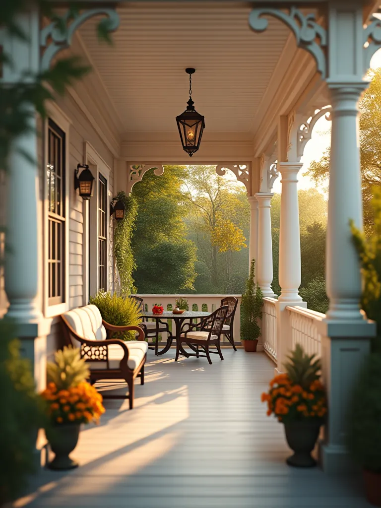 Inviting white porch with cozy seating area and garden view