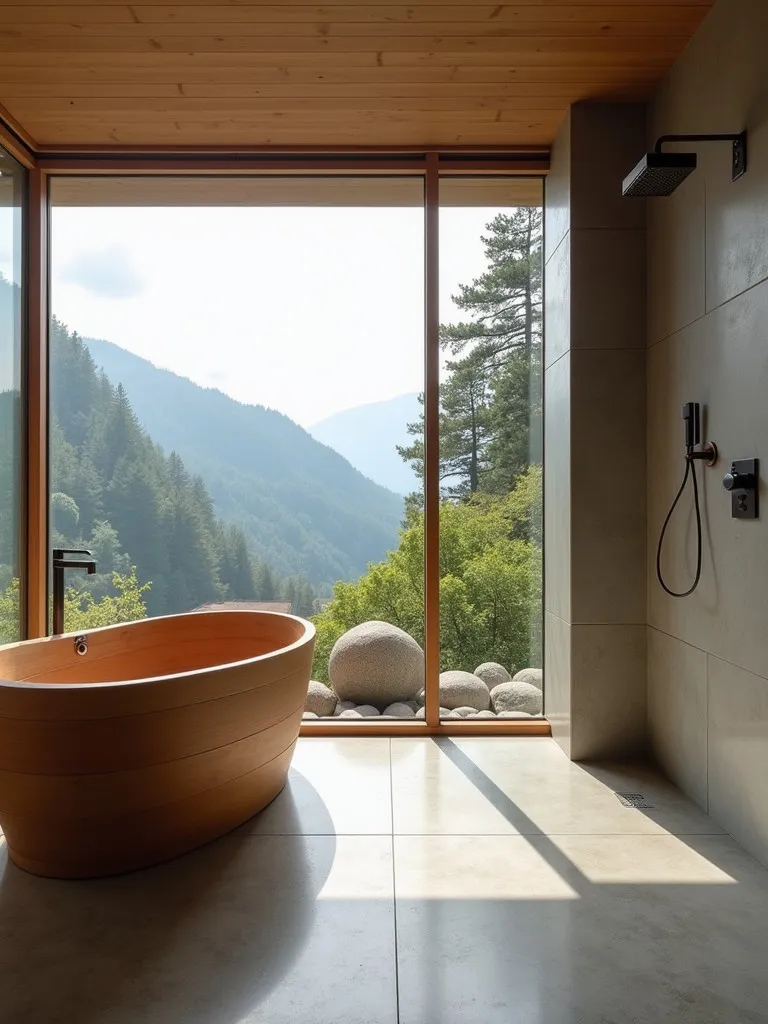 Japanese style bathroom with soaking tub, shower, and mountain view