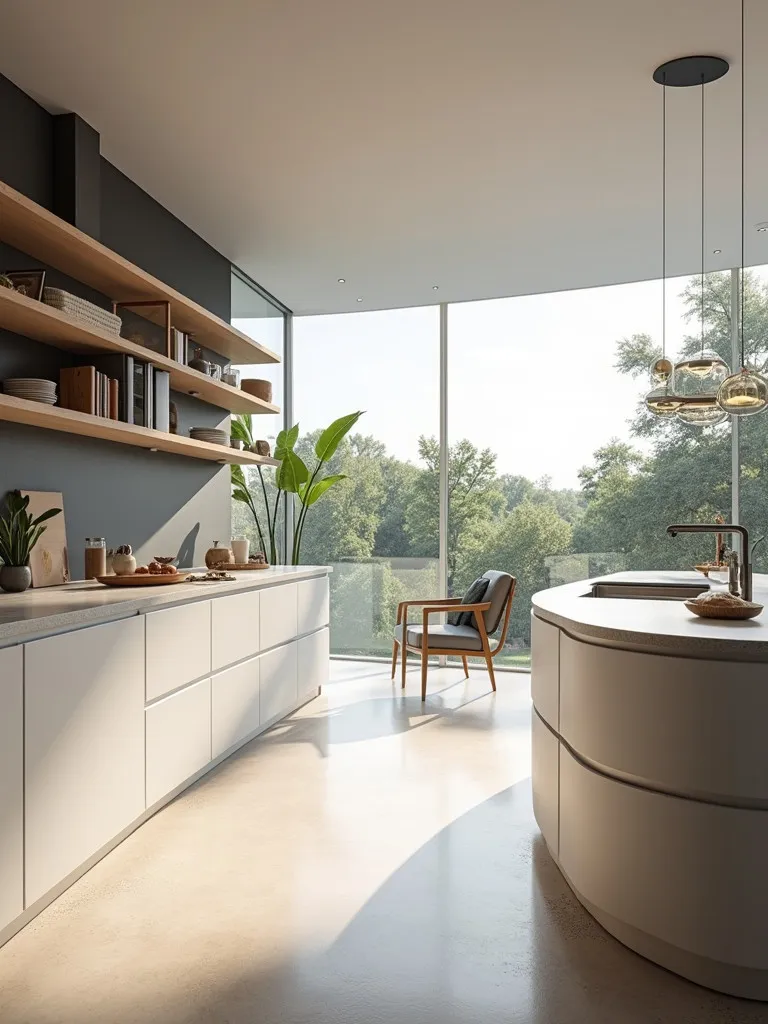 Kitchen featuring curved island and floating shelves, emphasizing flowing lines and light