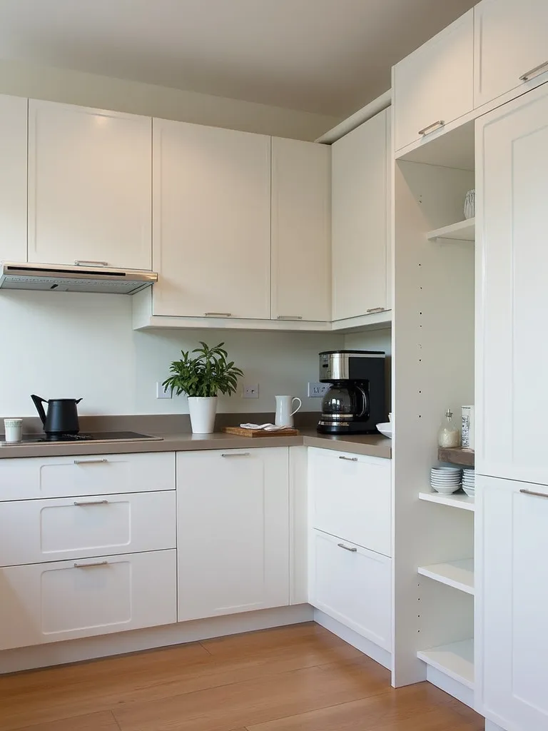 L shaped kitchen with built in coffee station and hidden pantry, showcasing corner utilization