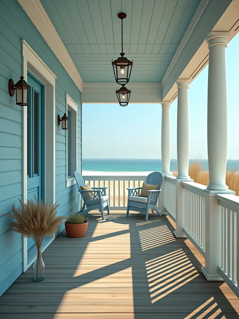 Light blue and white coastal porch with nautical accents and ocean view