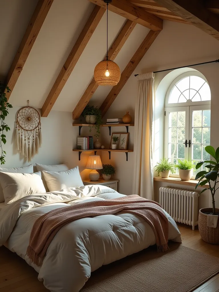 Light filled bohemian attic bedroom with cozy reading nook