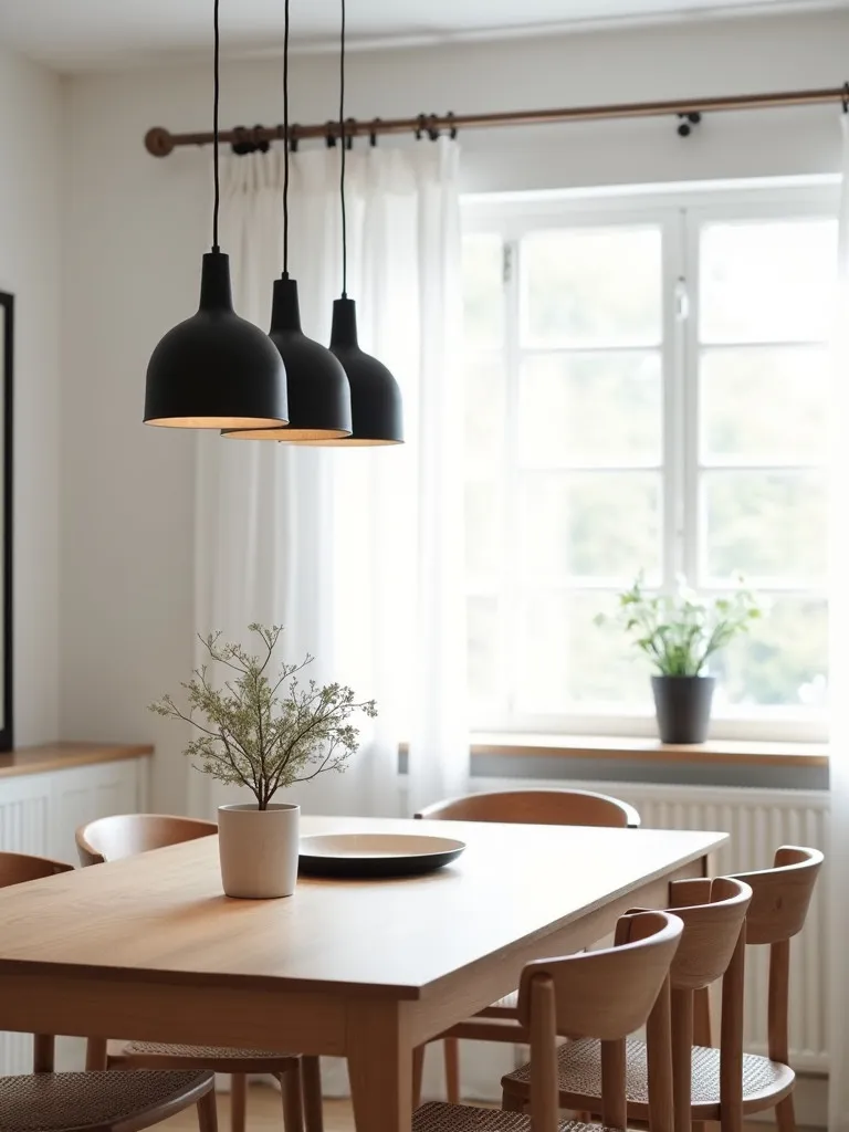 Light filled dining space with row of black dome lights above wooden table