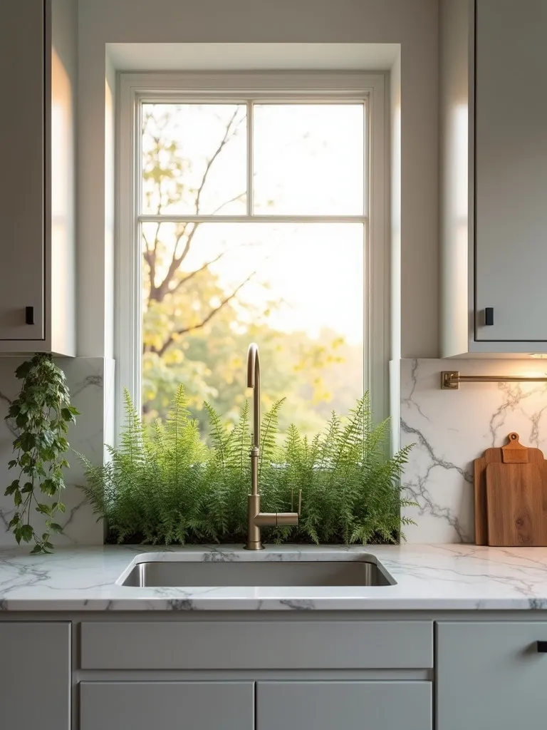 Light gray Scandinavian kitchen featuring window planter with trailing vines