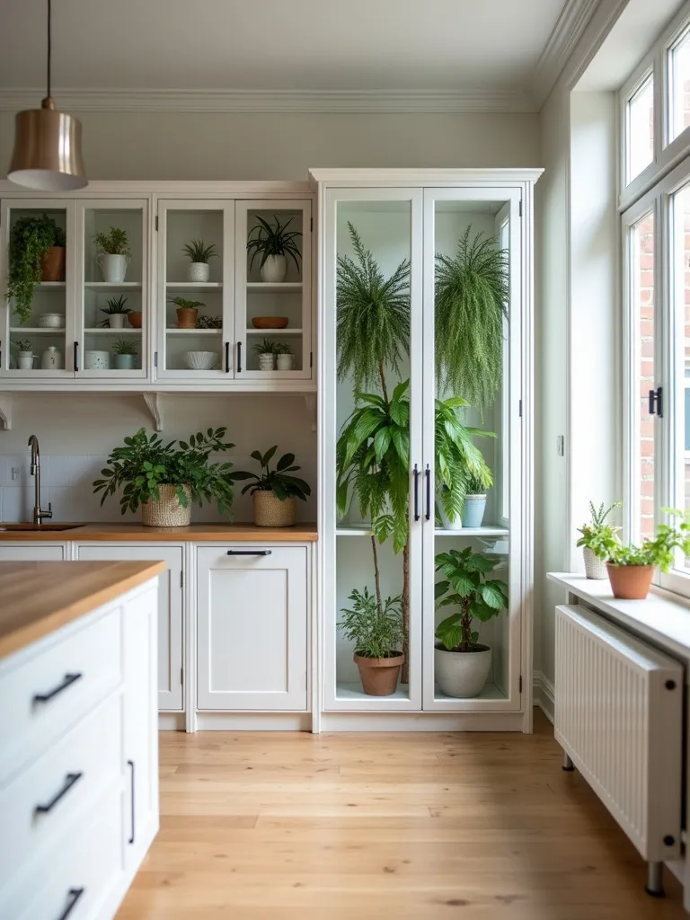 Light wood Scandinavian kitchen featuring cabinet filled with tropical plants